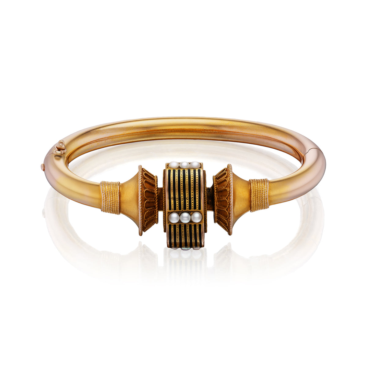 Antique Etruscan Revival gold bracelet with pearl accent, ca 1880
