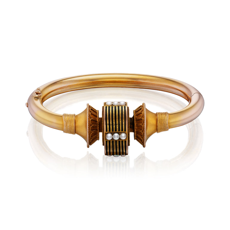 Antique Etruscan Revival gold bracelet with pearl accent, ca 1880