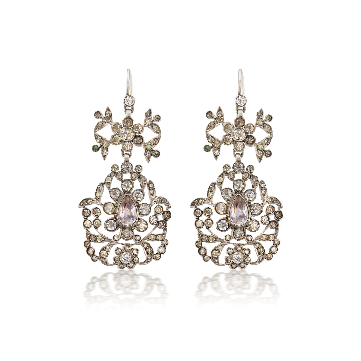 Antique Regency silver and paste pendant earrings, ca 1830