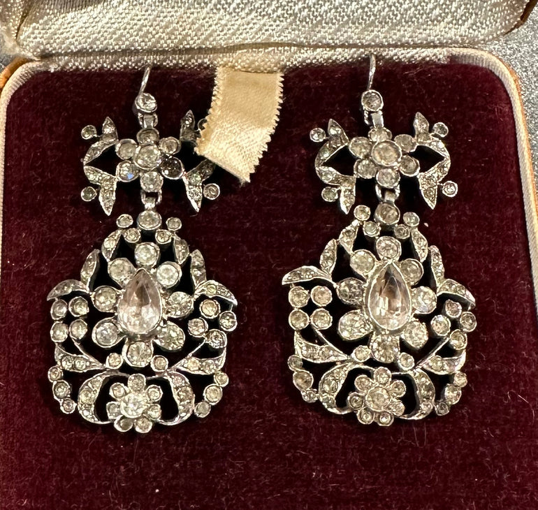 Antique Regency silver and paste pendant earrings, ca 1830, in a red velvet jewelry box