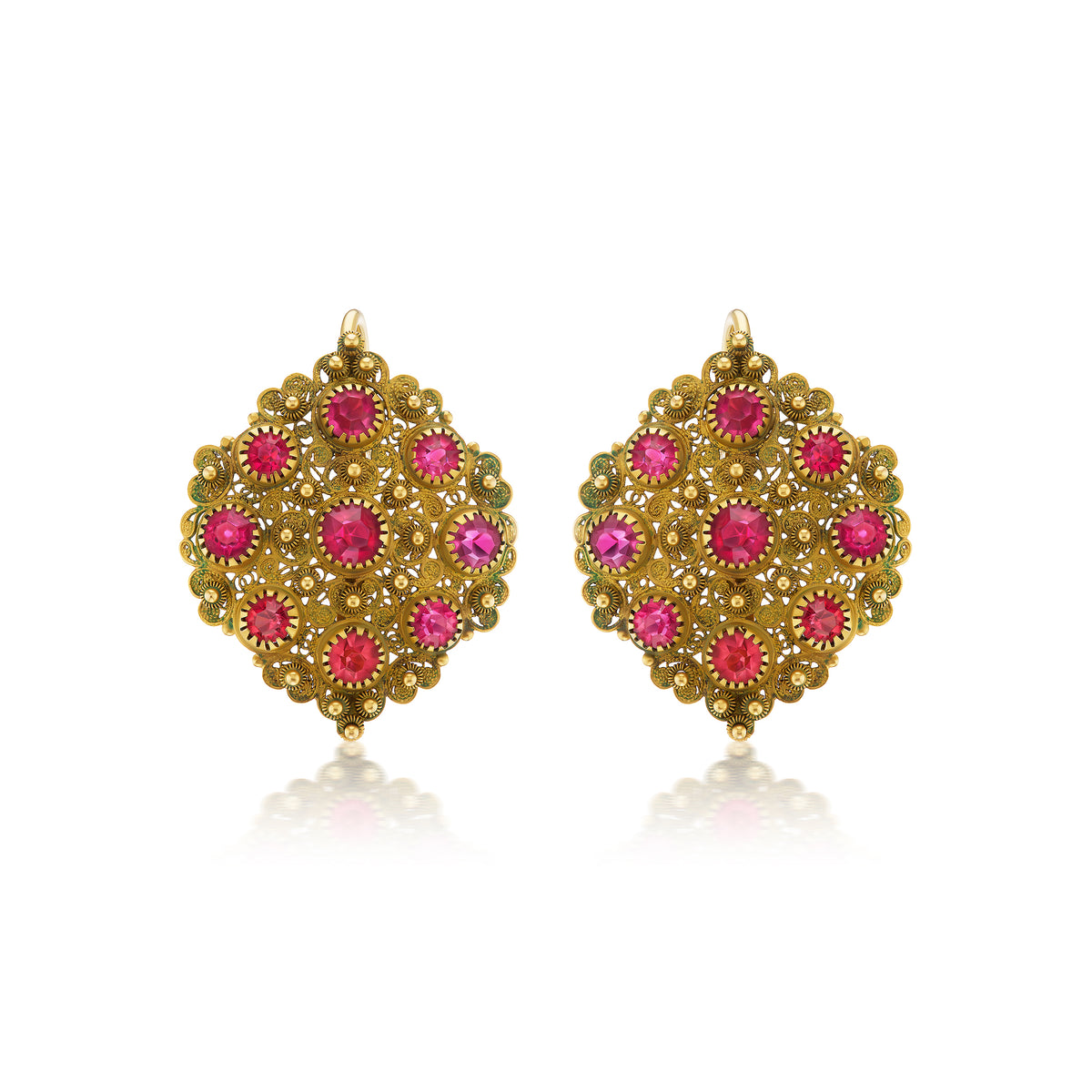 Antique Italian gold cannetille earrings with pink paste, ca 1810