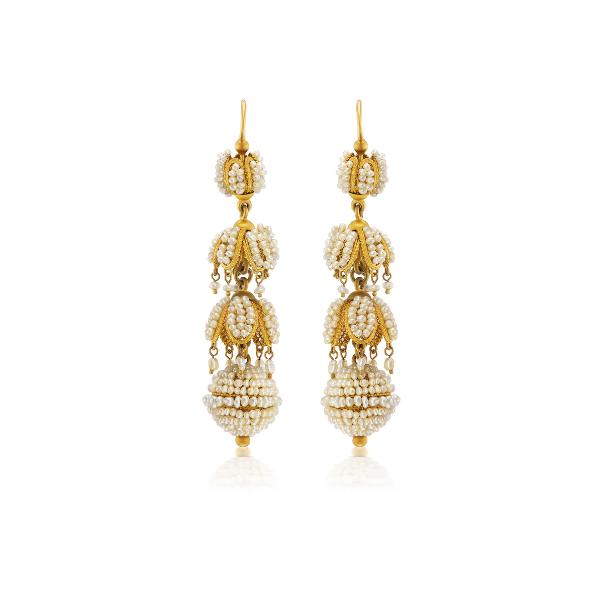 Antique Georgian cascading seed pearl and gold drop earrings, ca 1810