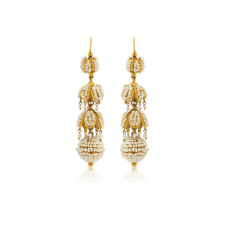 Antique Georgian cascading seed pearl and gold drop earrings, ca 1810