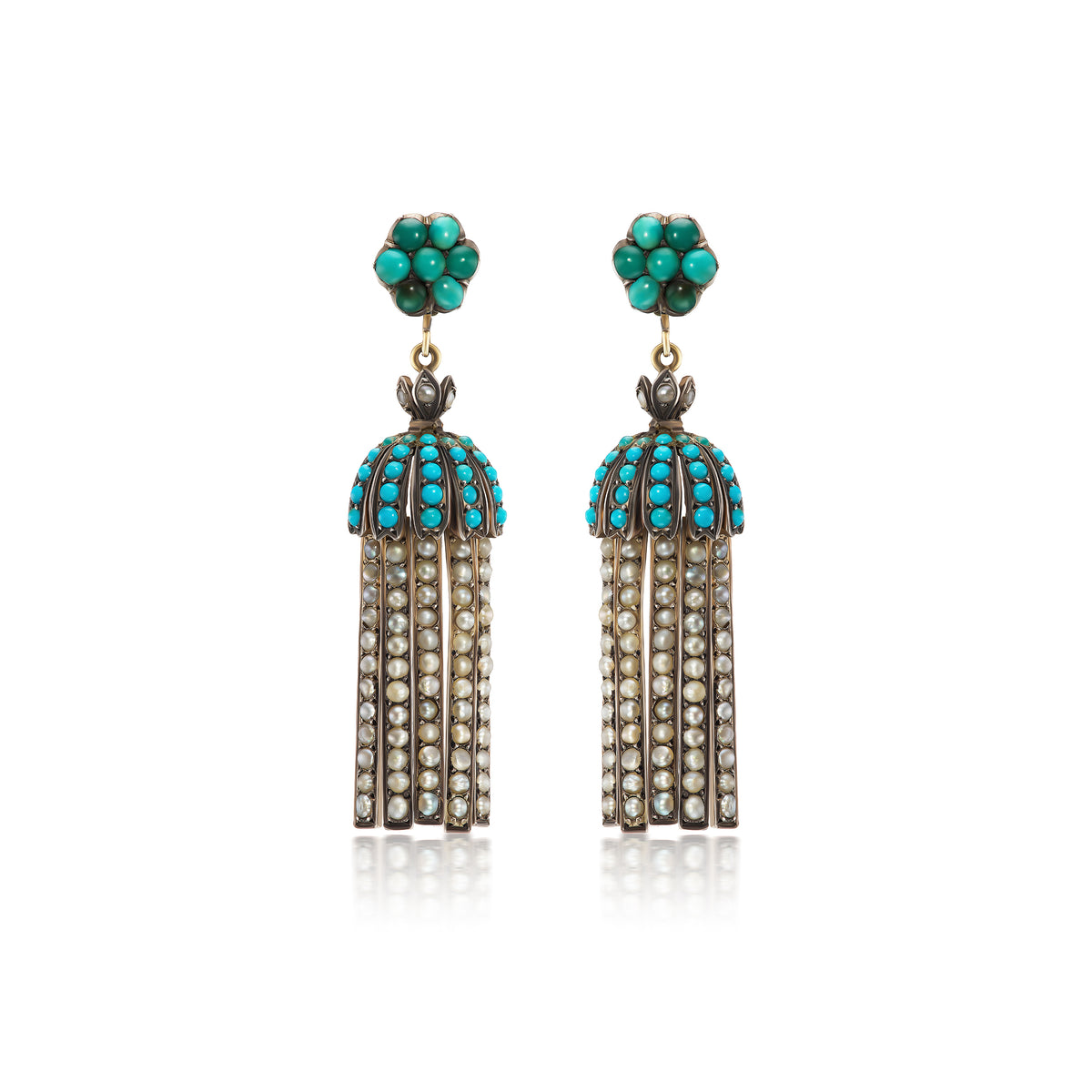 Antique turquoise and seed pearl tassel earrings, ca 1830