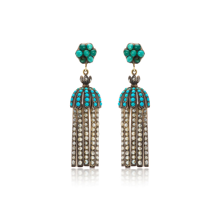 Antique turquoise and seed pearl tassel earrings, ca 1830