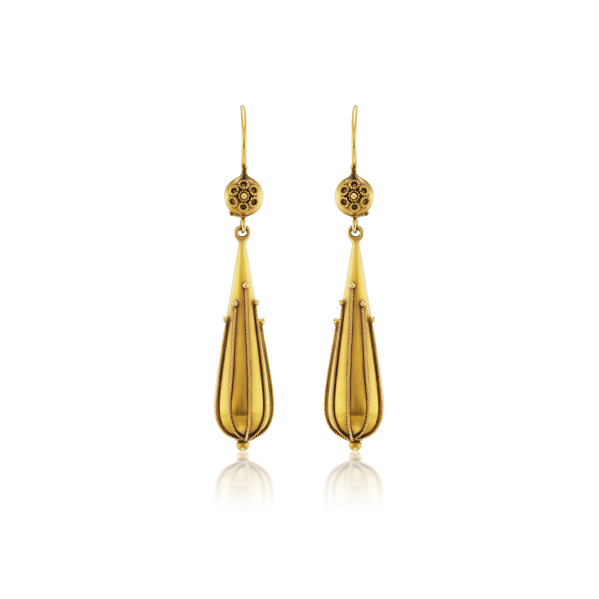 Antique Archaeological Revival gold torpedo drop earrings, ca 1875