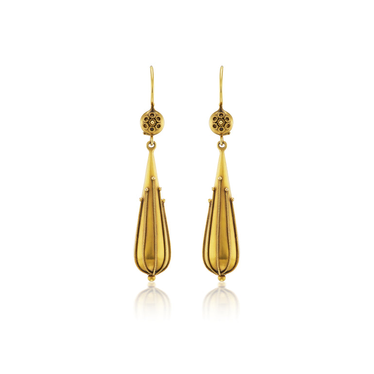 Antique Archaeological Revival gold torpedo drop earrings, ca 1875