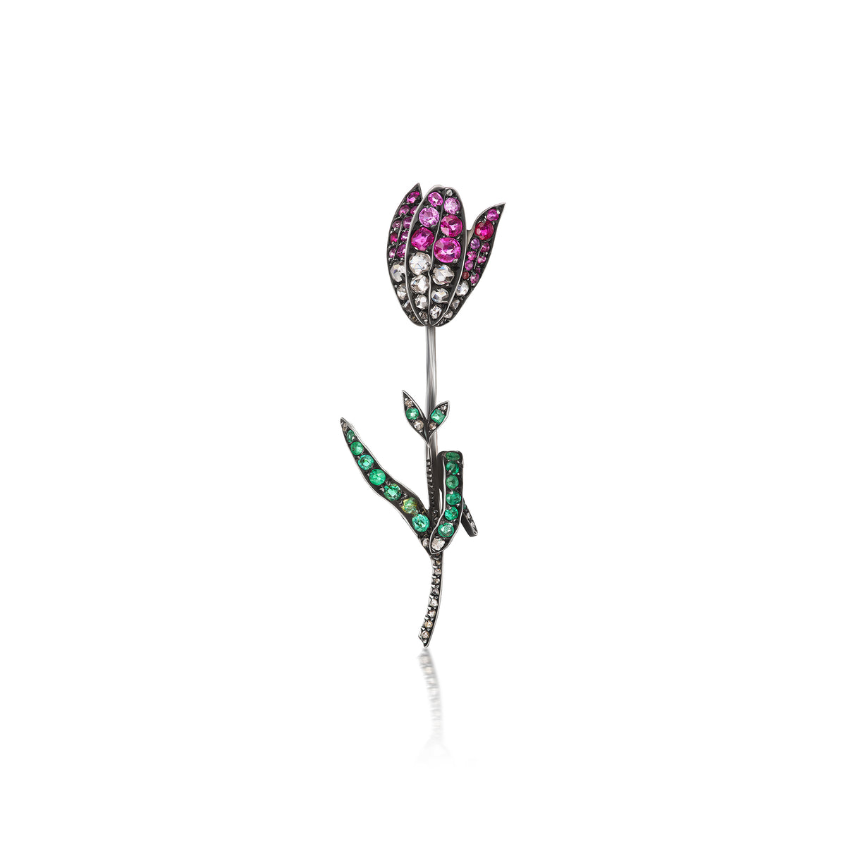 Antique Belle Epoque ruby, diamond and emerald tulip brooch, ca 1900