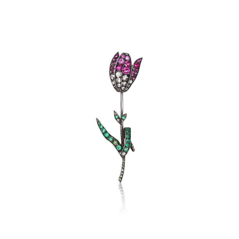 Antique Belle Epoque ruby, diamond and emerald tulip brooch, ca 1900