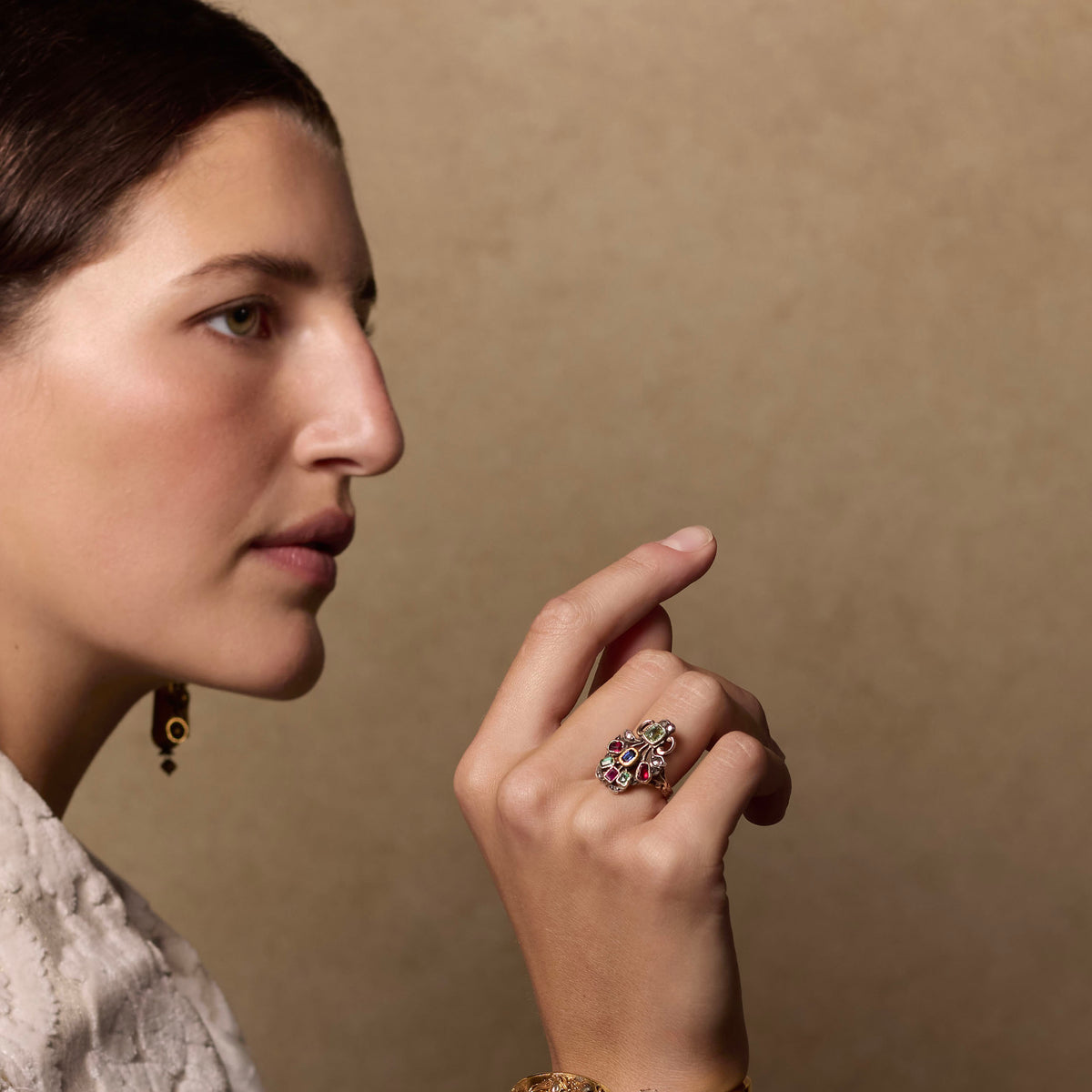 Antique Georgian giardinetti ring, ca 1800, worn on model's hand