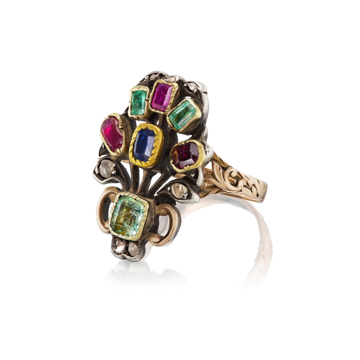 Antique Georgian giardinetti flower ring with multicolor gems, ca 1800, side view