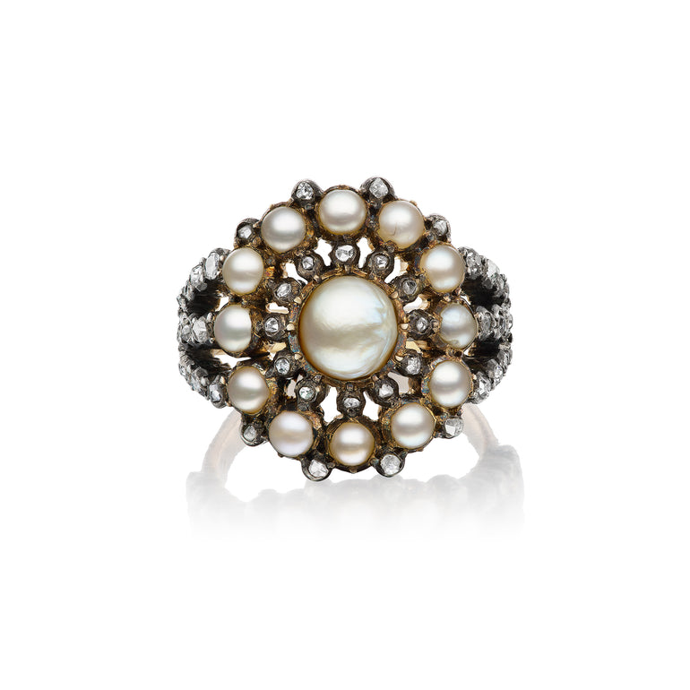 Antique Georgian baroque pearl and rose-cut diamond cluster ring, ca 1800, front view