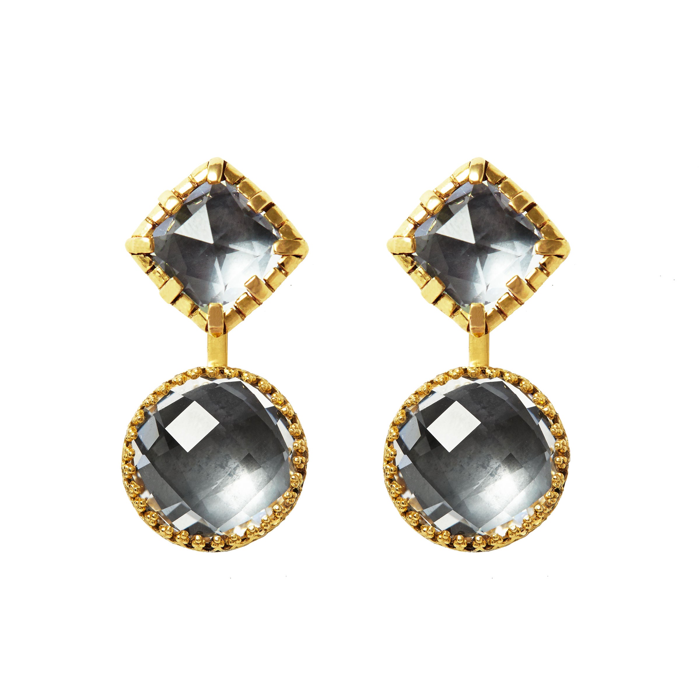Sadie Front/Back Cushion Earrings With Round Drop (Yellow Gold Wash)